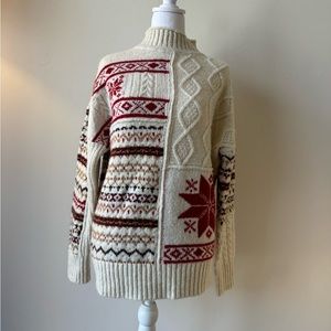 Vintage American Eagle Oversized Red & White Fair Isle Cable Knit Sweater Size S